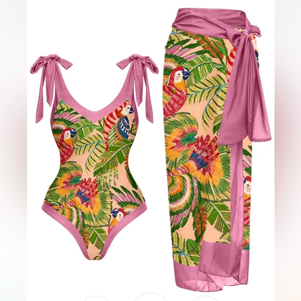 Tropical Parrot Pink Tie-Shoulder One-Piece Swimsuit